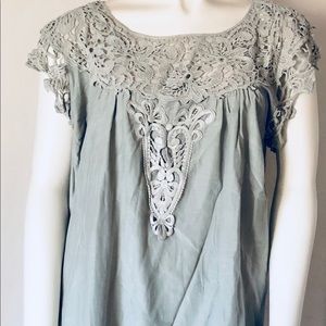 Anthropologie Hazel Sage Blouse Lace Collar, Sz XL